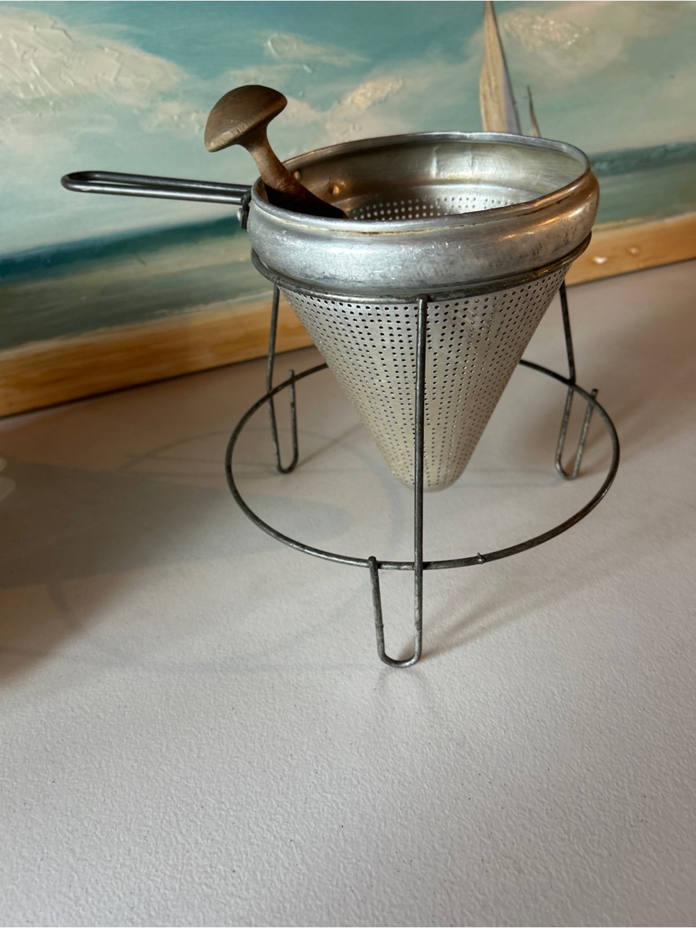 Vintage Metal Aluminum Cone Strainer Sieve with Stand - and wood smasher